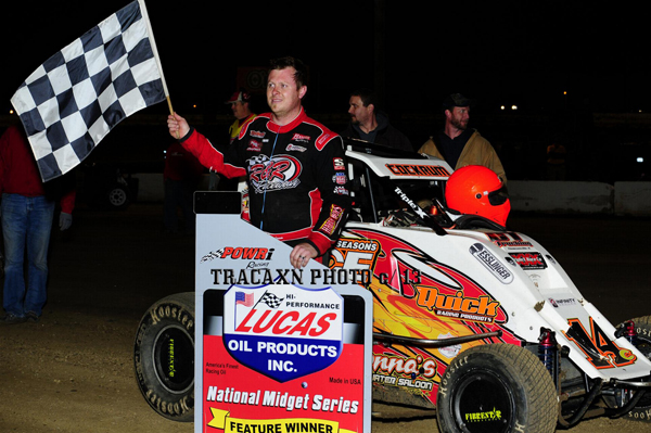 Shane Cockrum collected his first POWRi National Midget feature win at Jacksonville(IL) Speedway. Photo by R.J. Brown