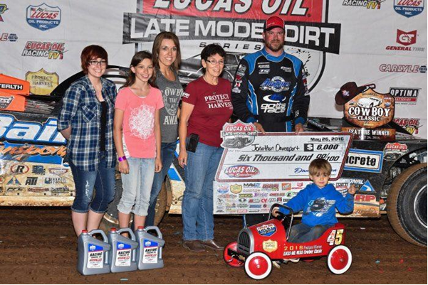 Jonathan Davenport made his fourth straight visit to victory lane at Lucas Oil Speedway, capturing Thursday night's Cowboy Classic to open Show-Me 100 weekend.