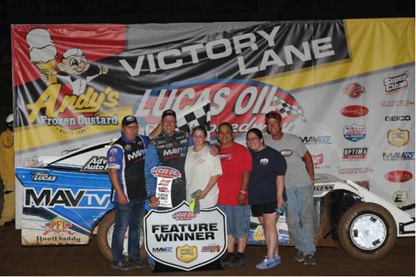 Eric Turner captured the $1,000 winner's share in the Pitts Homes USRA Modified feature Saturday night at Lucas Oil Speedway. (Chris Bork photo)
