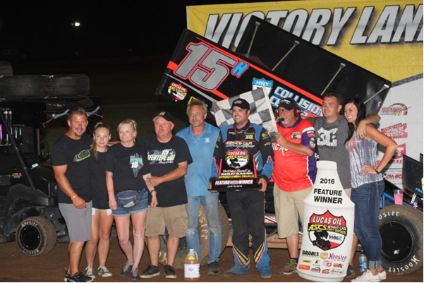 Sam Hafetepe Jr. celebrated his third Lucas Oil ASCS Series victory of the season with Saturday's win at Lucas Oil Speedway. (Chris Bork photo)