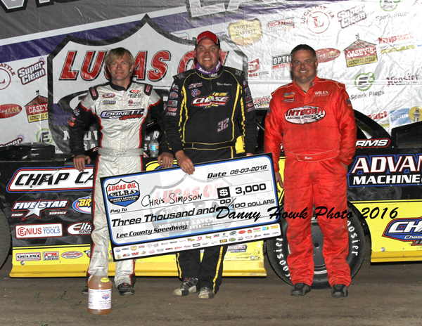 Chris Simpson won the MLRA Feature event at Lee County Speedway this evening. Pictured is Tony Jackson – Chris Simpson – Jimmy Mars. Photo by Danny Howk