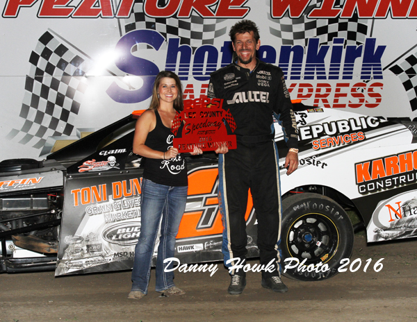 Sport Mod driver Tony Dunker of Quincy , Il parked it in victory line at Lee County Speedway June 3! Photo by Danny Howk