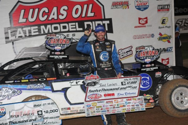 Jared Landers in victory lane after capturing the CMH Diamond Nationals on Saturday at Lucas Oil Speedway. (Chris Bork photo)